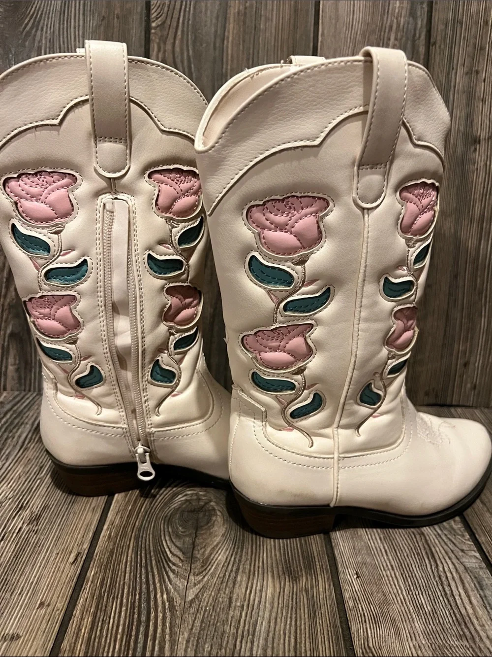Source Unknown Cream Kids Western Boots with Pink & Teal Floral Appliqué